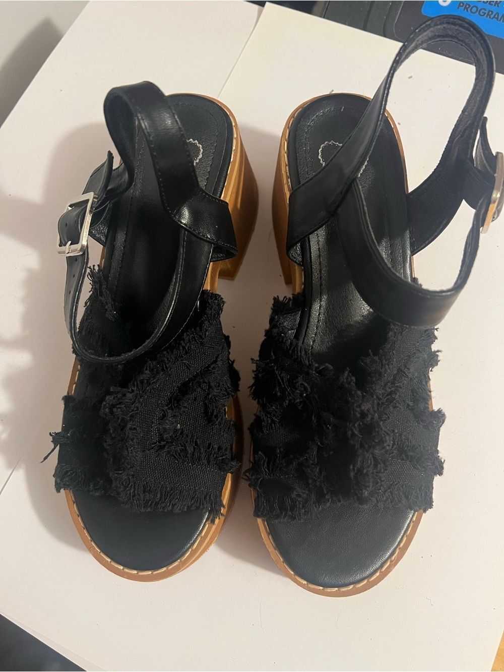 Black Fabric Strap Platform Sandals with Brown Wood-Effect Heel - Picture 3 of 8
